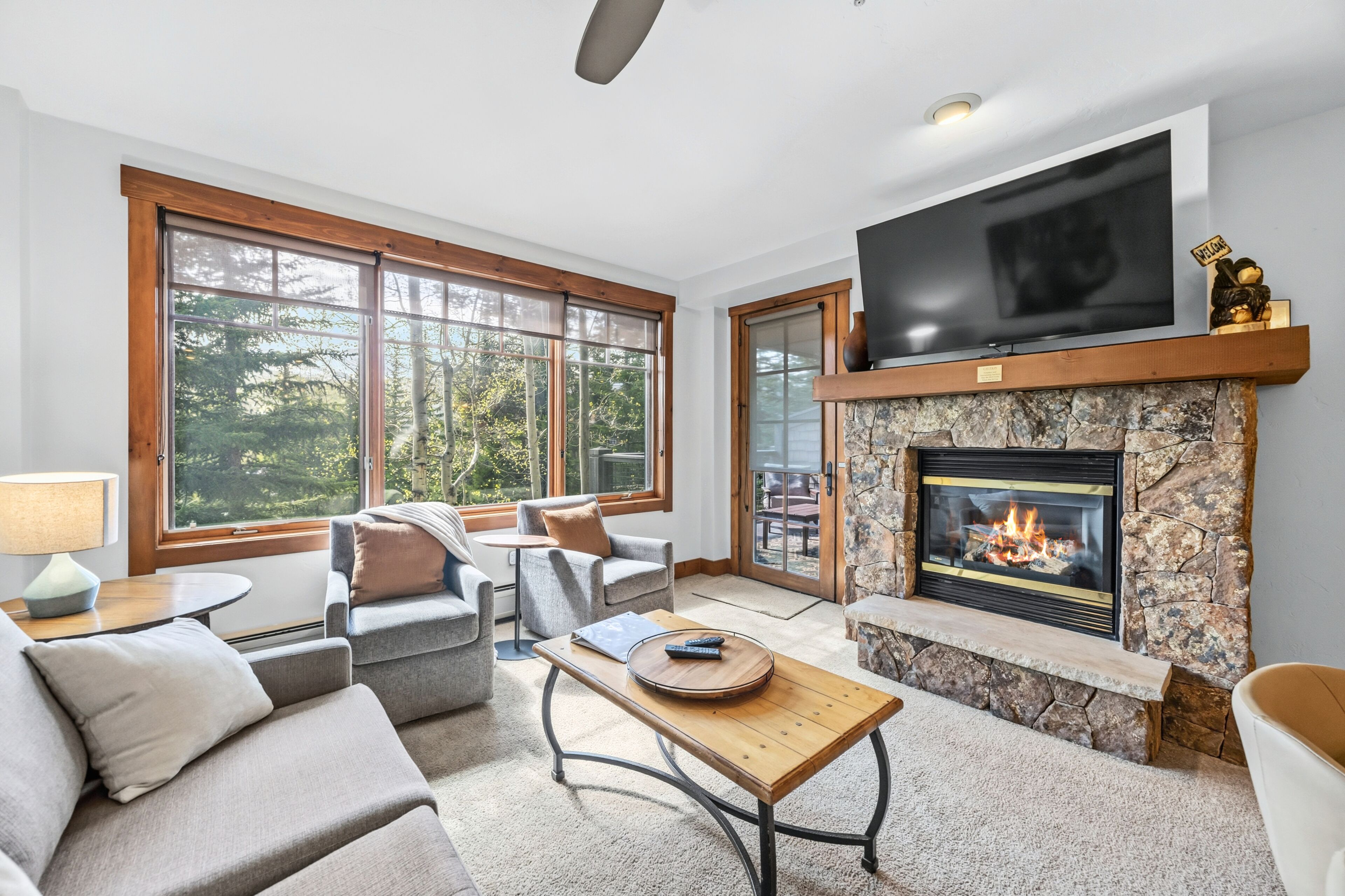 A living room with a fireplace, a television, and large windows.