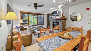 Smart TV, fireplace, books