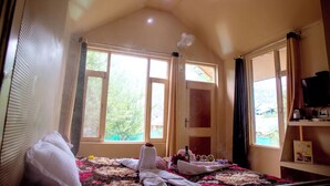 Une chambre à coucher avec un lit, une fenêtre, un ventilateur et un téléviseur posé sur une étagère.