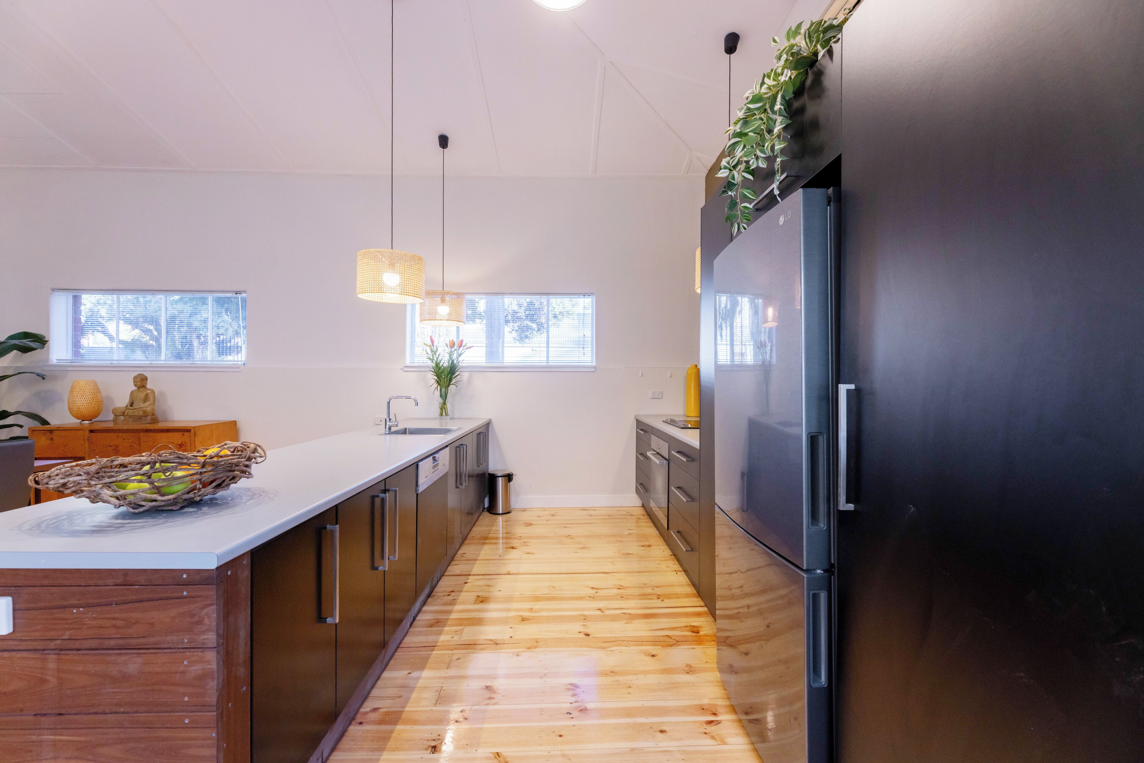 Fridge, oven, electric kettle, toaster