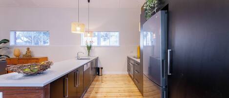 Fridge, oven, electric kettle, toaster