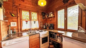 A wooden cabin kitchen with a sink, stove, and refrigerator. There are windows with curtains, a hanging light fixture, and various kitchen utensils. - Stunning private villa for 5 guests with TV, patio and panoramic view (Niederöblarn)
