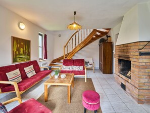 TV, fireplace, table football