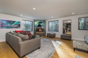 Smart TV, fireplace, books, stereo