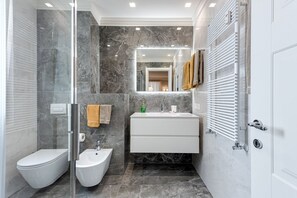 Shower, free toiletries, hair dryer, bidet