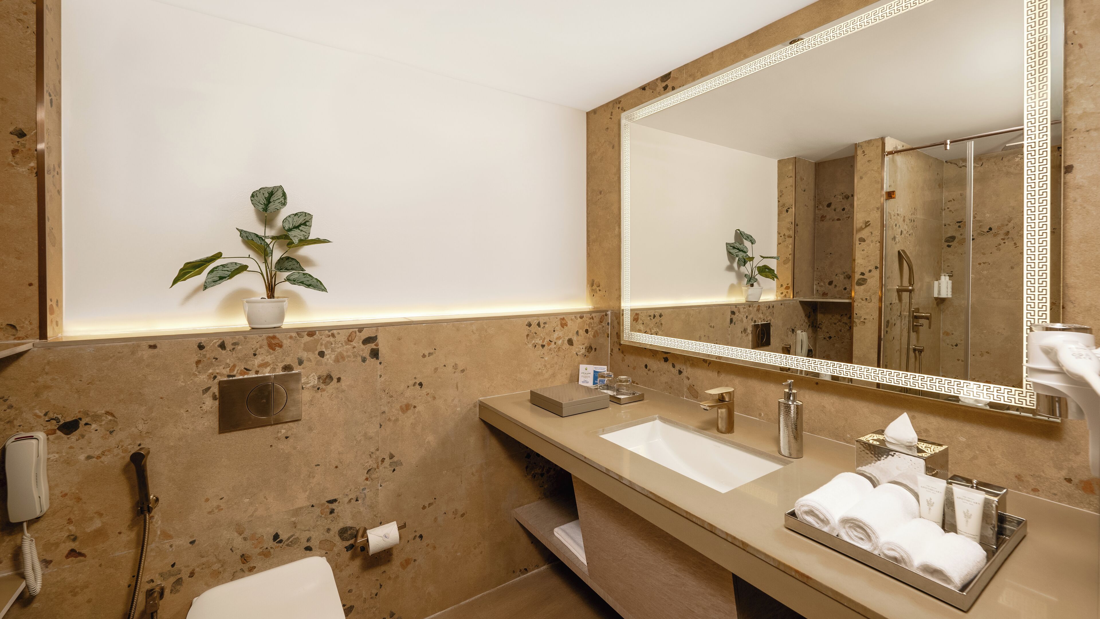 A modern bathroom with two sinks, a large mirror, a towel rack, and a potted plant.
