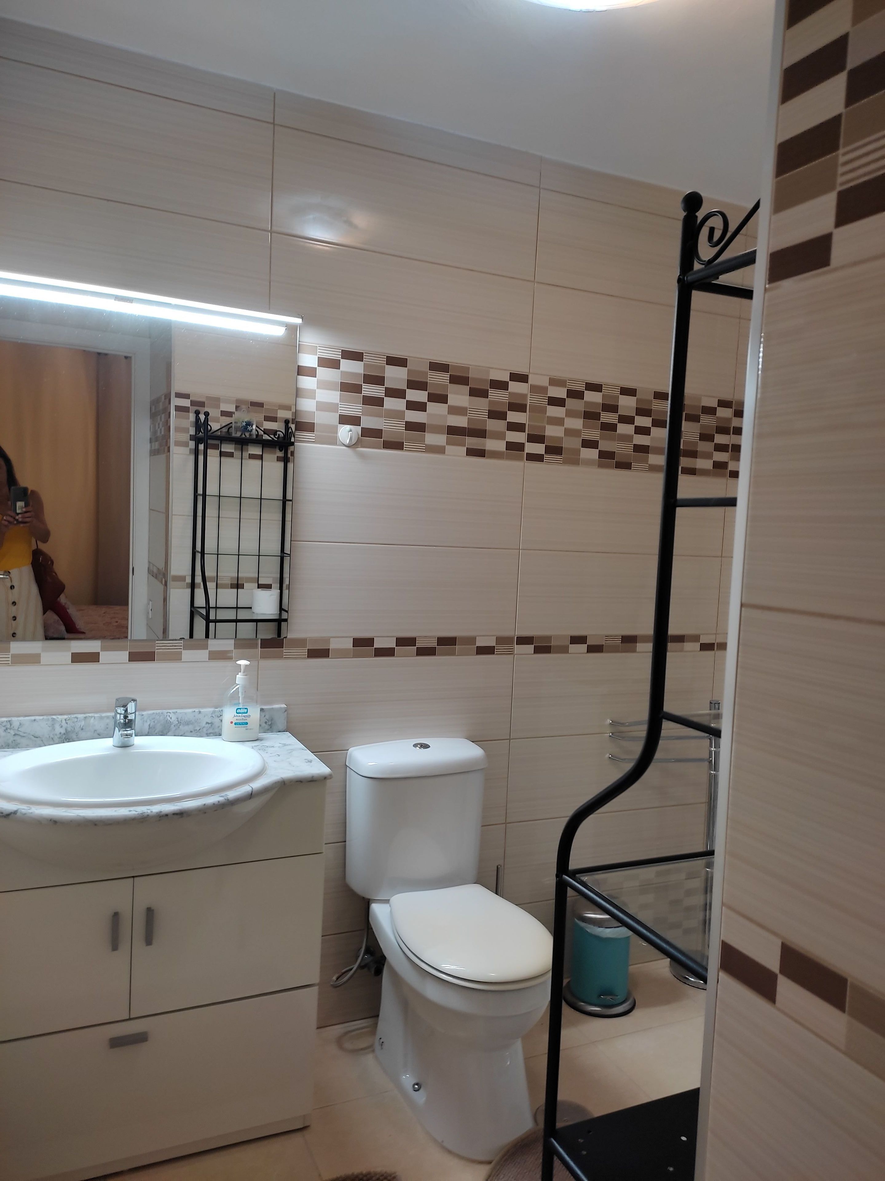 A bathroom with a sink, toilet, and a mirror.