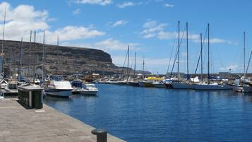 Un puerto deportivo con barcos amarrados, un paseo marítimo empedrado y una ladera rocosa al fondo.
