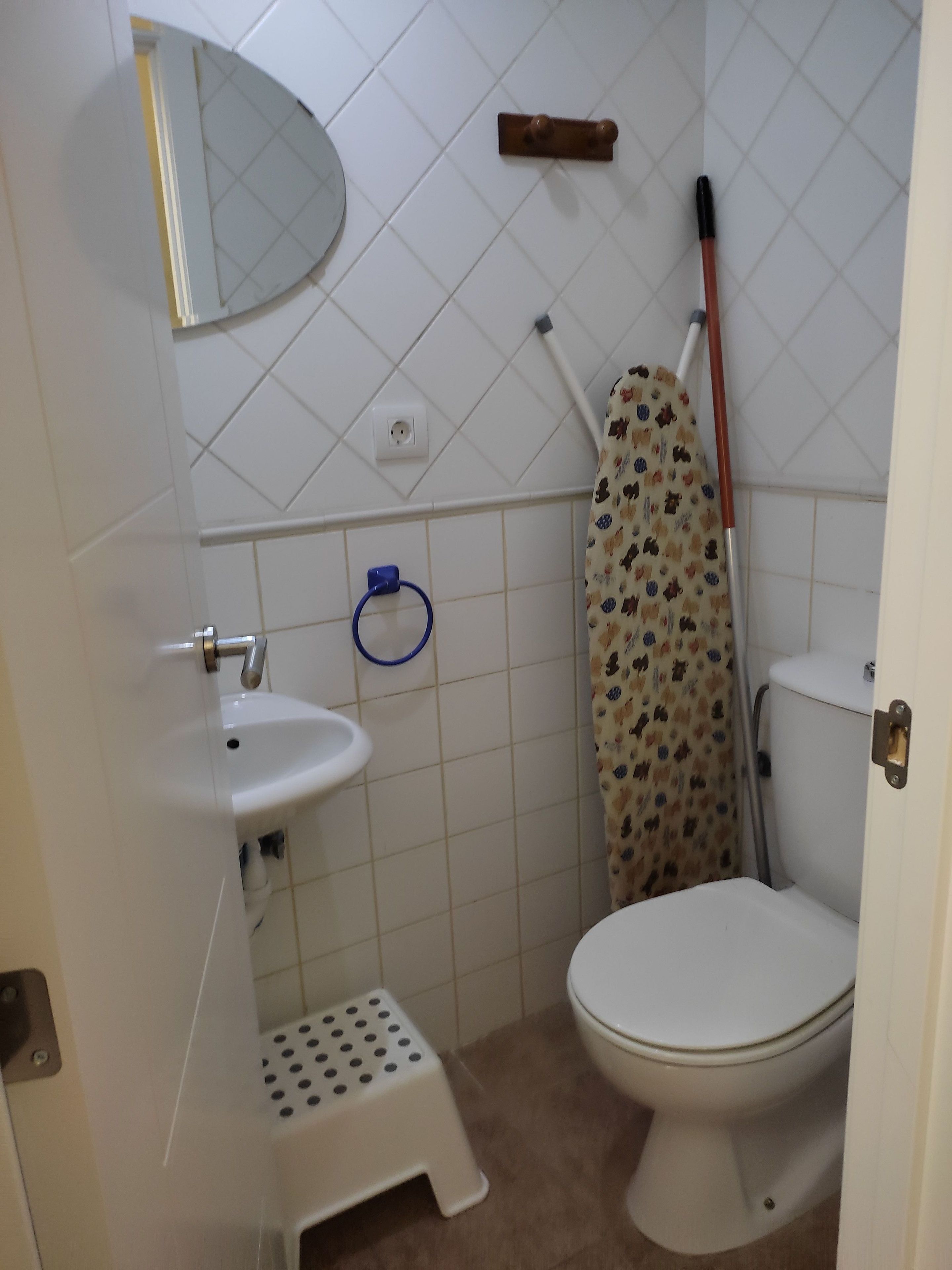 Een kleine badkamer met toilet, wastafel en spiegel.