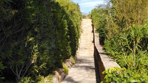 Ein gepflasterter Weg, gesäumt von üppiger Vegetation, der zu einer höheren Lage führt.