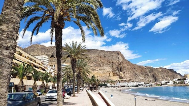 A coastal promenade with palm trees, a beach, and a mountain in the background.