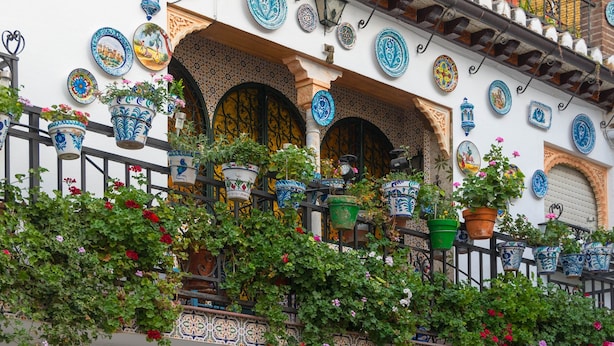 Une façade d’immeuble ornée de motifs complexes en carreaux, agrémentée de plusieurs plantes en pot et dotée d’un garde-corps de balcon.