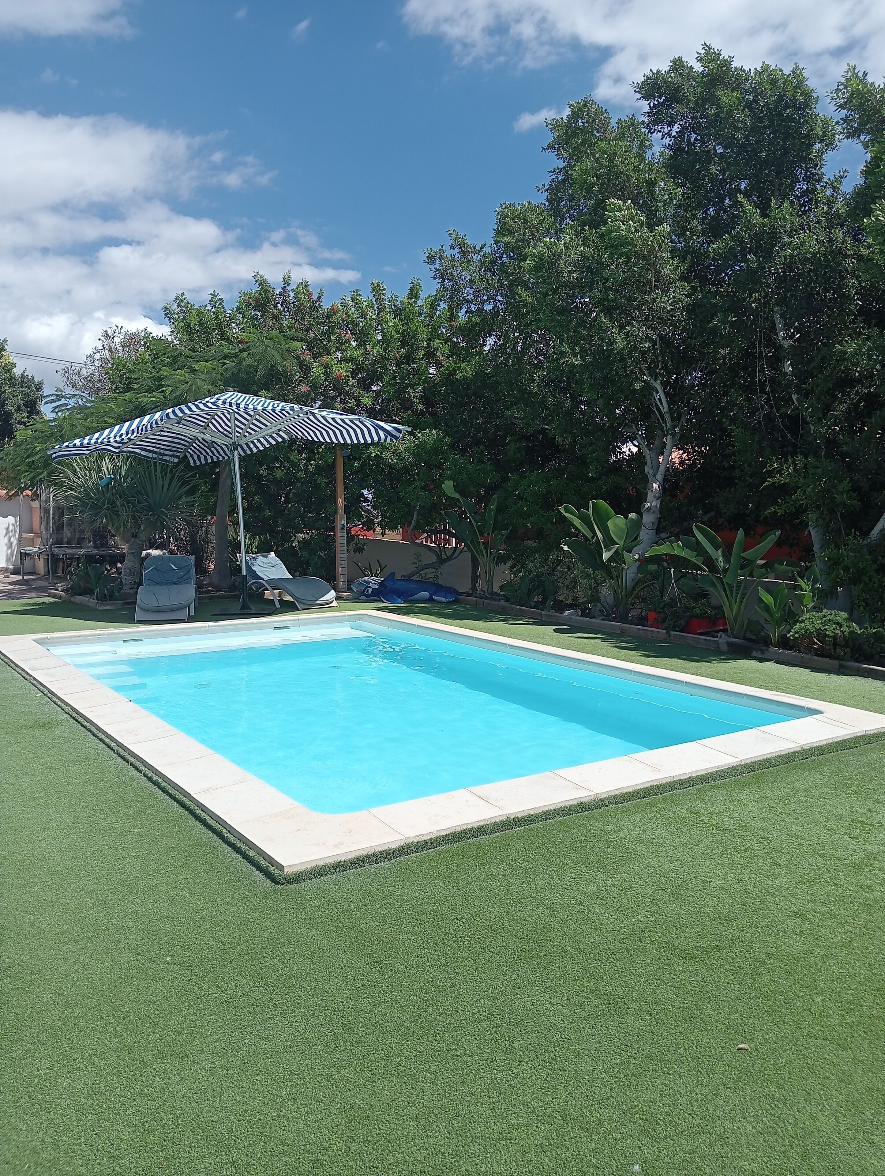 A rectangular swimming pool with a blue water surface, surrounded by artificial green grass.
