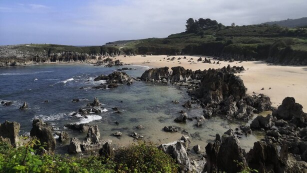 A coastal landscape with rocky outcrops, a sandy beach, and a hill with trees.