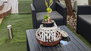 A patio with outdoor furniture, a potted plant, and a white decorative bowl on a table. - Beach House Apartment (Mairena del Aljarafe)