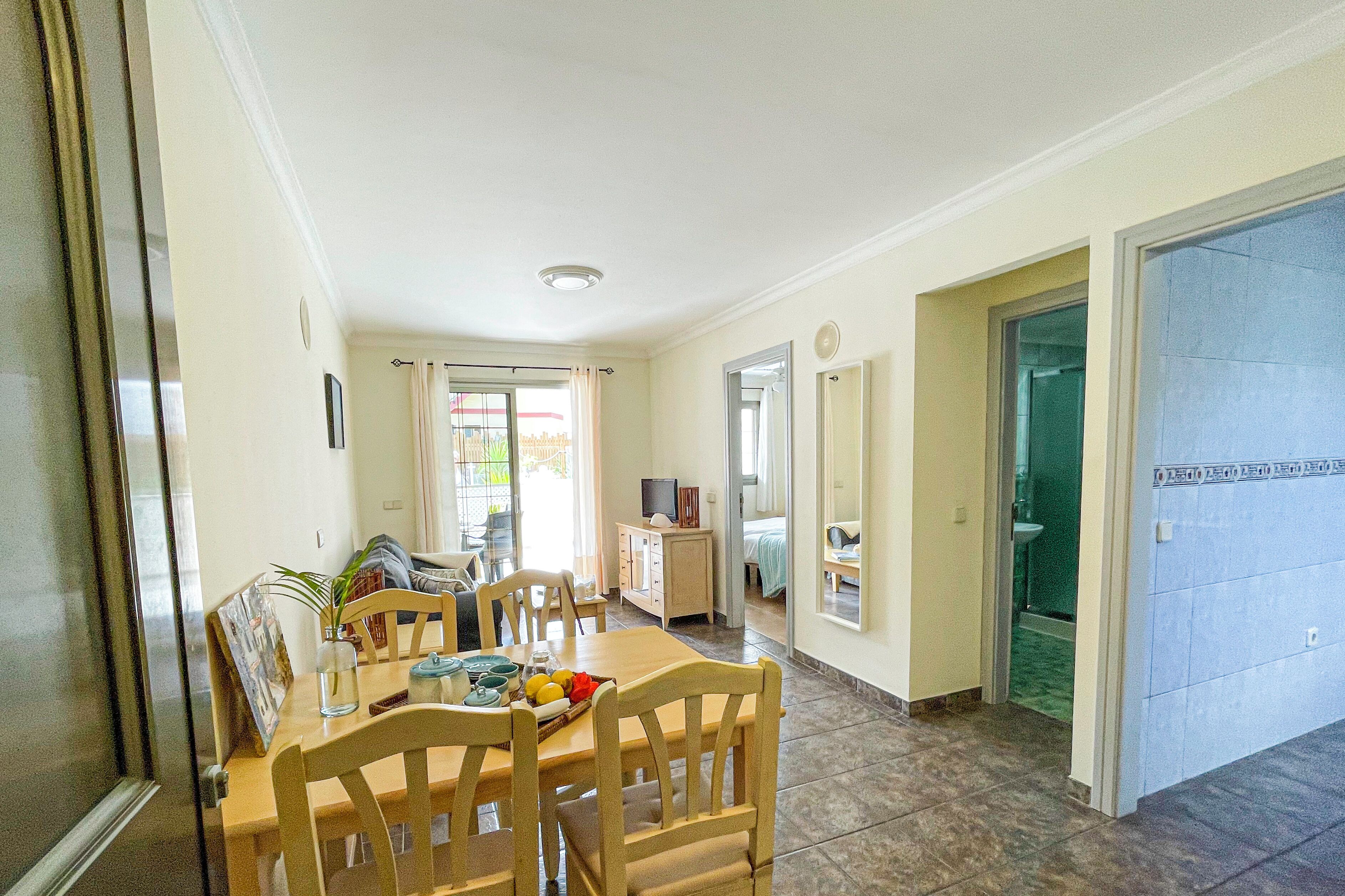 A dining area with a wooden table and chairs, a small cabinet with a television, and a view into a bathroom.