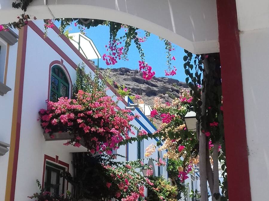 Una calle estrecha con edificios blancos, buganvillas rosadas y una columna roja.