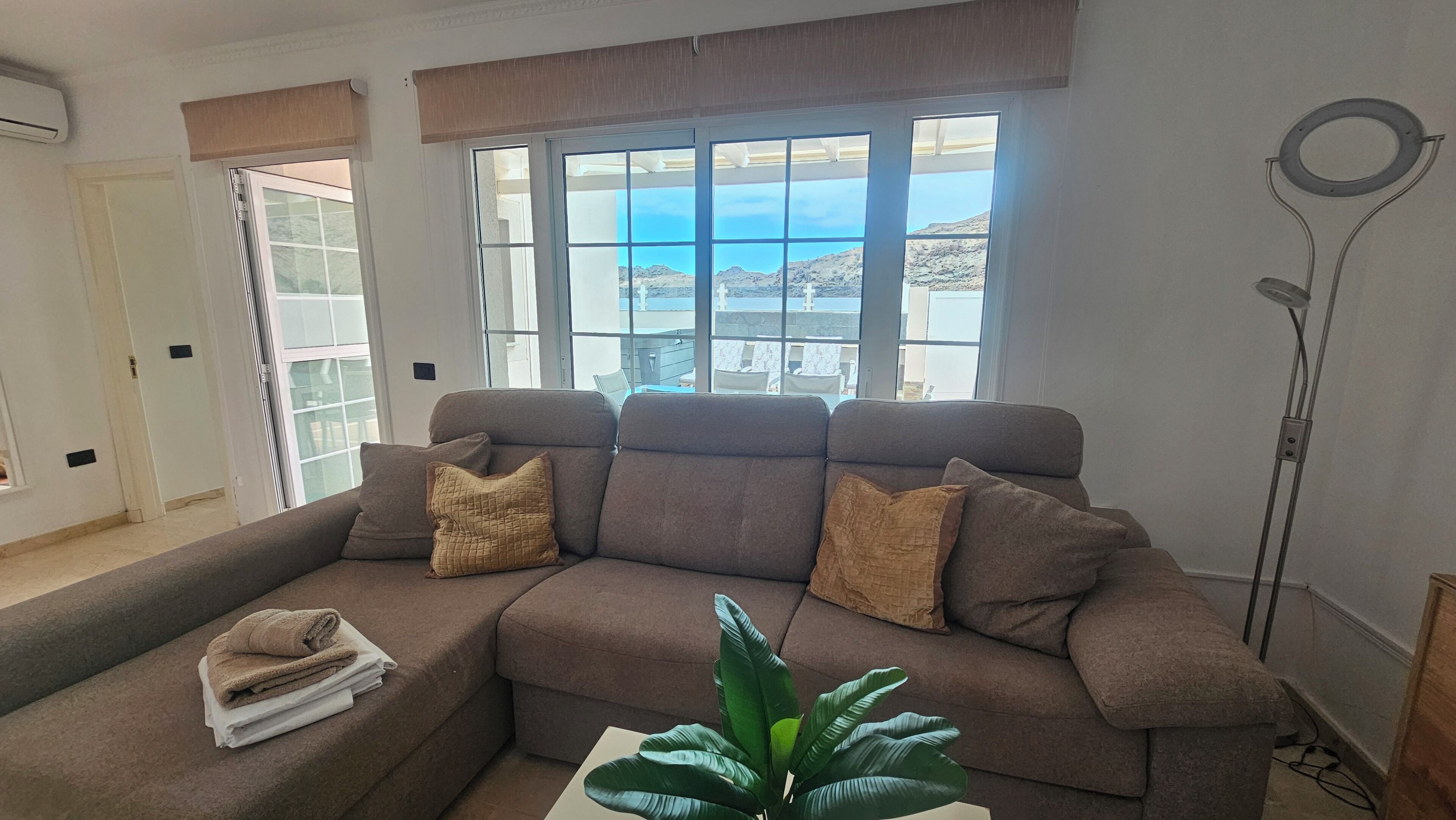 Ein Wohnzimmer mit einer Couch, einer Pflanze und Meerblick.