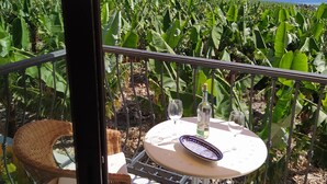 A table with two wine glasses and a bottle, surrounded by wicker chairs, under a striped canopy, with a view of banana plants. - Trébol "trail Mountain La Palma" Vistas Al Mar (Tazacorte)