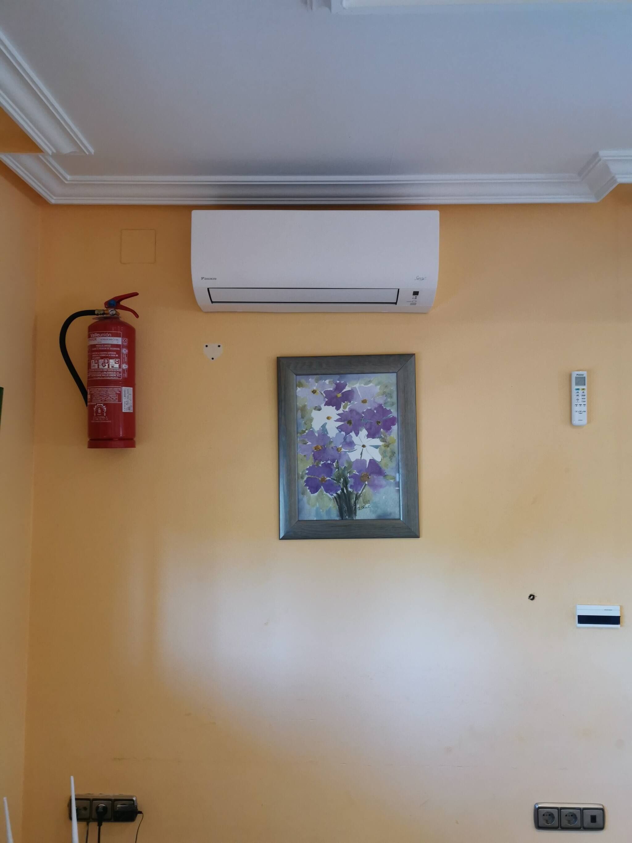 Una stanza con un condizionatore bianco, un estintore e un quadro incorniciato al muro.