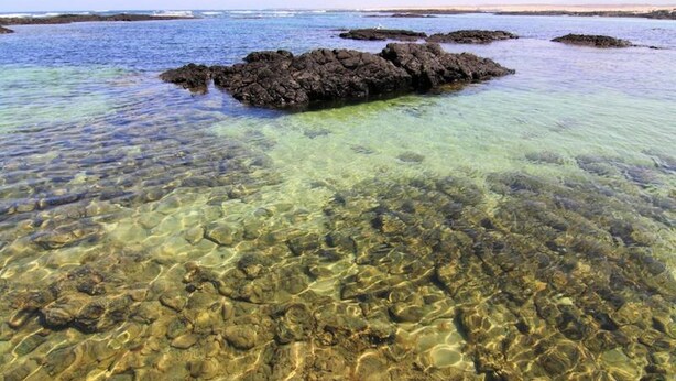 Una zona costera despejada con formaciones rocosas y aguas poco profundas.