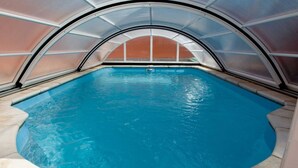 Una piscina interior con techo de cristal curvo y vistas despejadas al cielo.