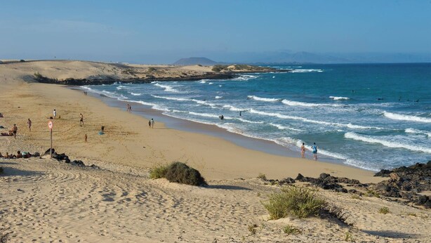 Una playa arenosa con olas, cielo despejado y montañas a lo lejos.
