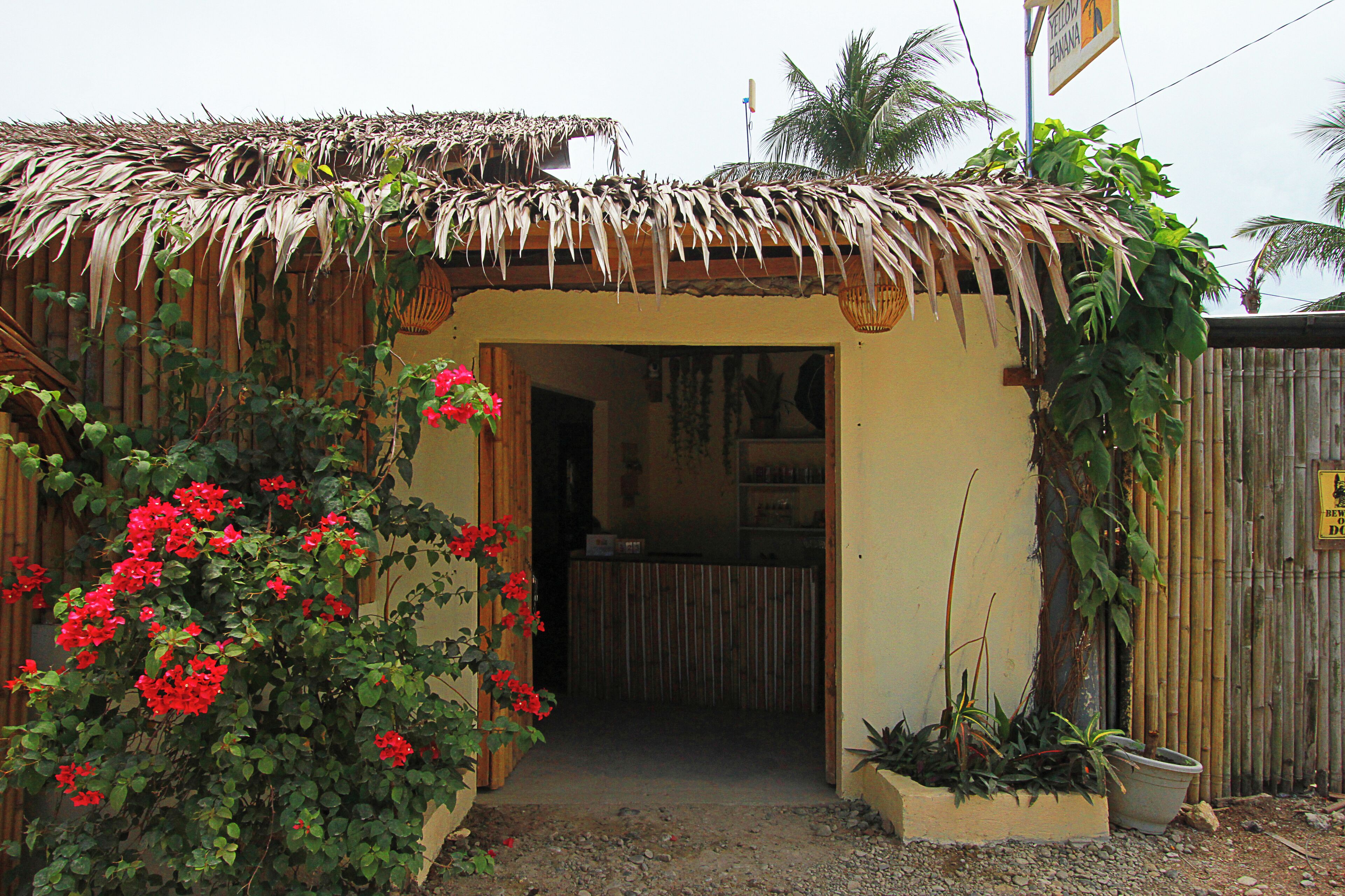 A small, rustic building with a thatched roof and a wooden door.
