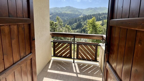 A balcony with a view of green hills and a clear sky. - Cozy T2 near slopes with parking and balcony (Le Lioran)