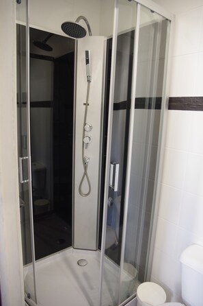 Shower, free toiletries, hair dryer, slippers