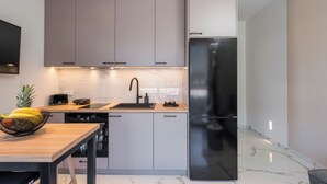A modern kitchen with grey cabinets, a black refrigerator, a wooden countertop, and a sink. - Orama Luxury Apartments (Chania)