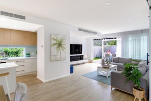 TV, fireplace, books, stereo