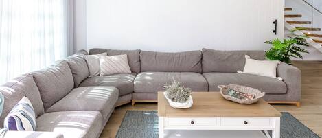 TV, fireplace, books, stereo