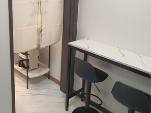 Mini-fridge, microwave, cookware/dishes/utensils, spices