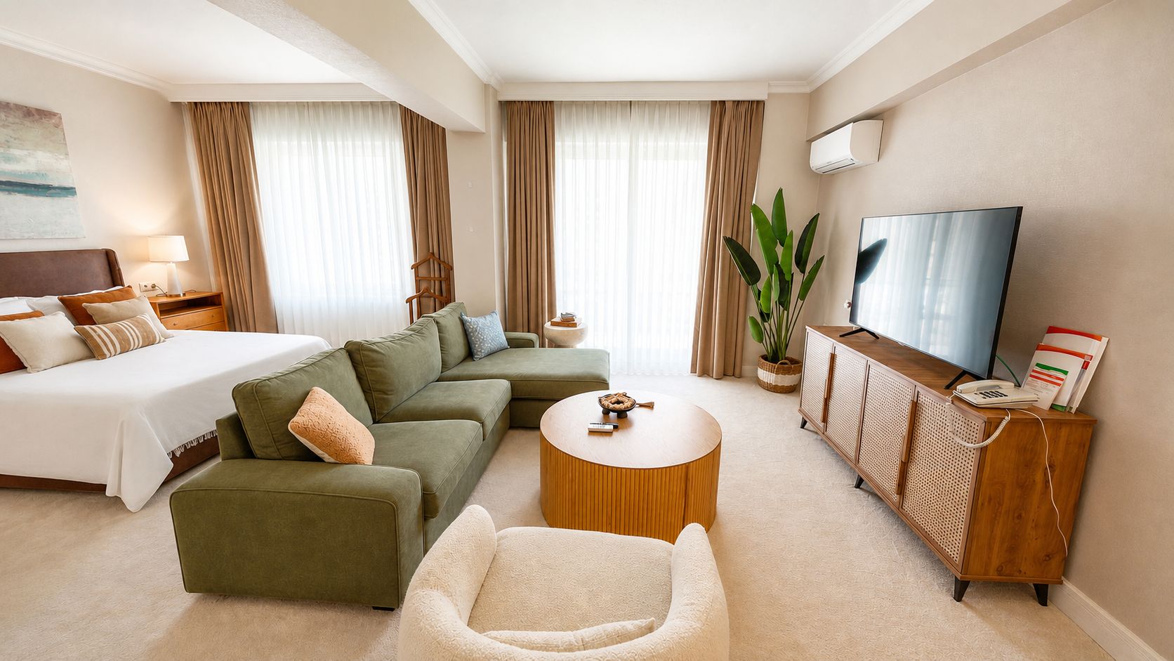 Habitación de hotel con cama, sofá, sillón, mesa de centro redonda, televisor y un mueble con teléfono.