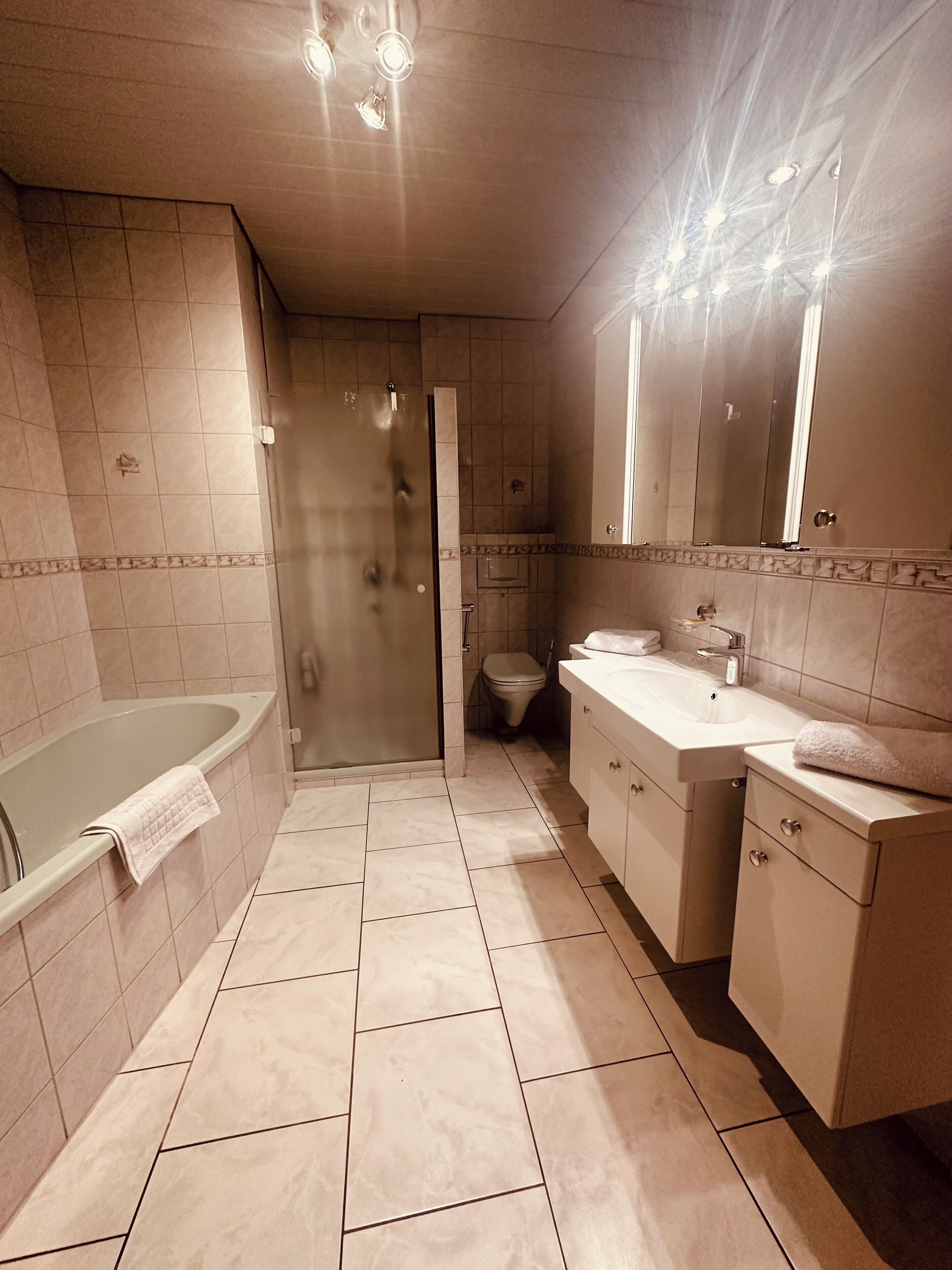 Ein modernes Badezimmer mit Badewanne, Dusche, Toilette und Waschtisch.