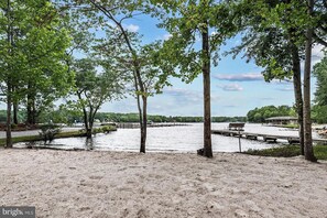A sandy beach with trees, a dock, and a small building.