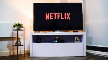 Un meuble de rangement blanc pour appareils électroniques, avec un téléviseur à écran plat affichant le mot « NETFLIX » en lettres rouges, une petite étagère ornée d’objets décoratifs et une plante posée sur un support métallique à côté.