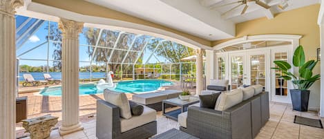 Outdoor pool, pool umbrellas, pool loungers