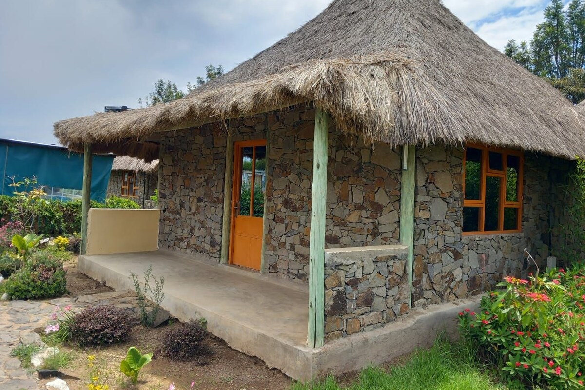 A stone house with a thatched roof, a concrete porch, and a wooden door.