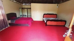 Une chambre avec deux lits, une moquette rouge, un miroir et une porte en bois.