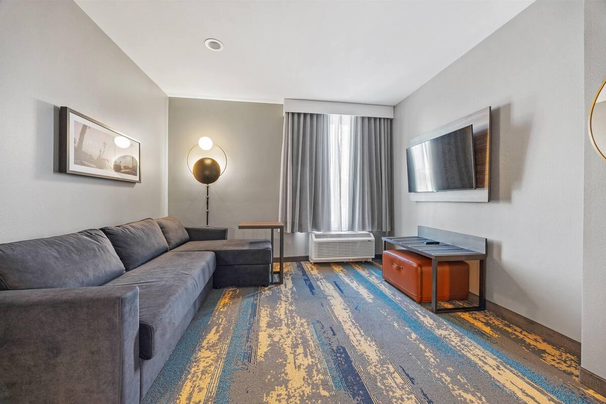 Een moderne hotelkamer met een grijze bank, een klein tafeltje, een bureau, een verticale heater, een groot raam met gordijnen en een tv aan de muur.