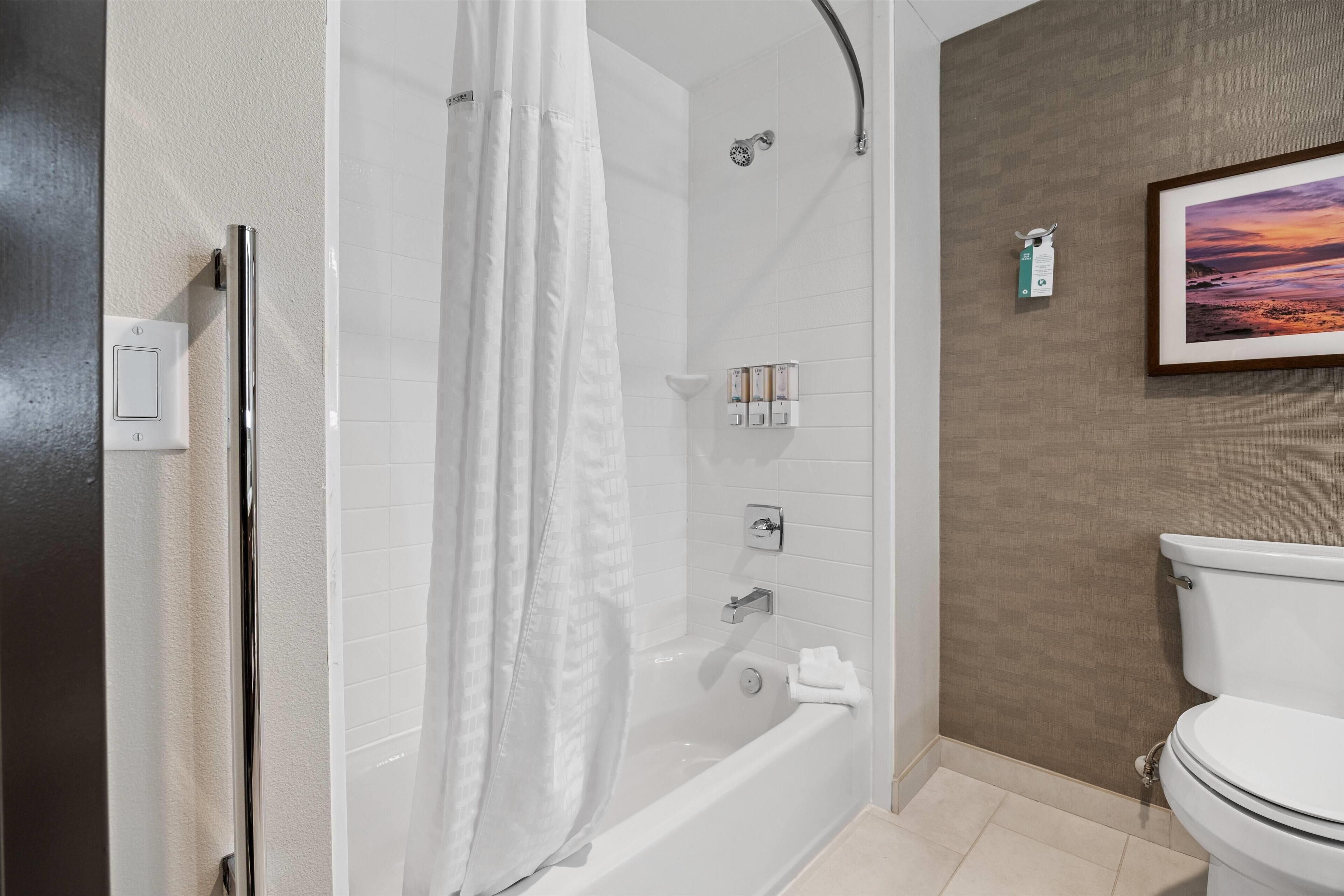 A bathroom with a shower, toilet, and a framed picture on the wall.