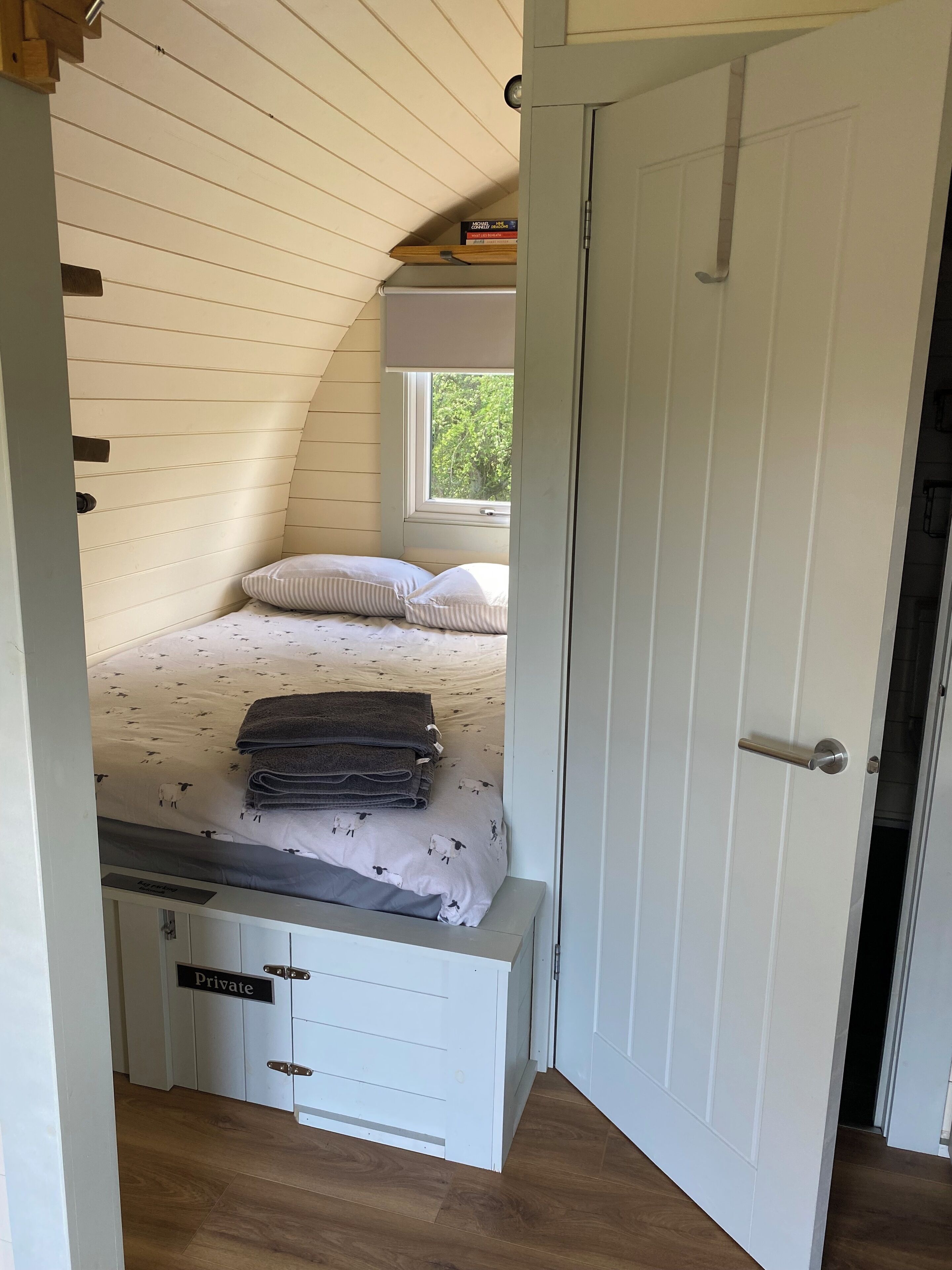 A bedroom with a lofted sleeping area, a window with a view, and a private door.