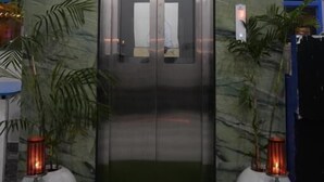 Ein Aufzug mit Marmorwand, zwei Topfpflanzen und einer kleinen Fläche mit Kunstgrashalm.