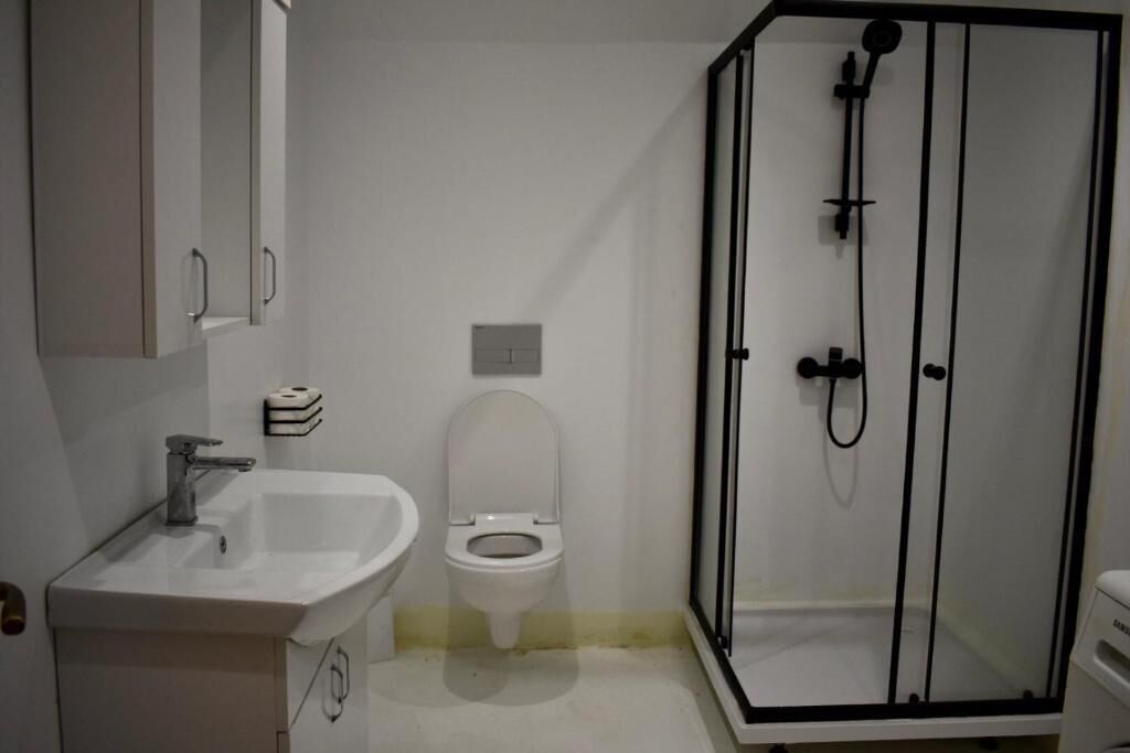 Een badkamer met een witte wastafel, toilet en douchecabine.