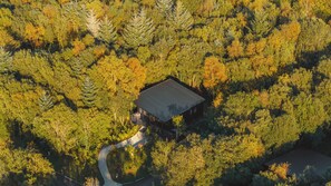 An aerial view of a cabin surrounded by dense forest, with a winding path leading to it. - Drumhierny Woodland Hideaway (Carrick-on-Shannon)
