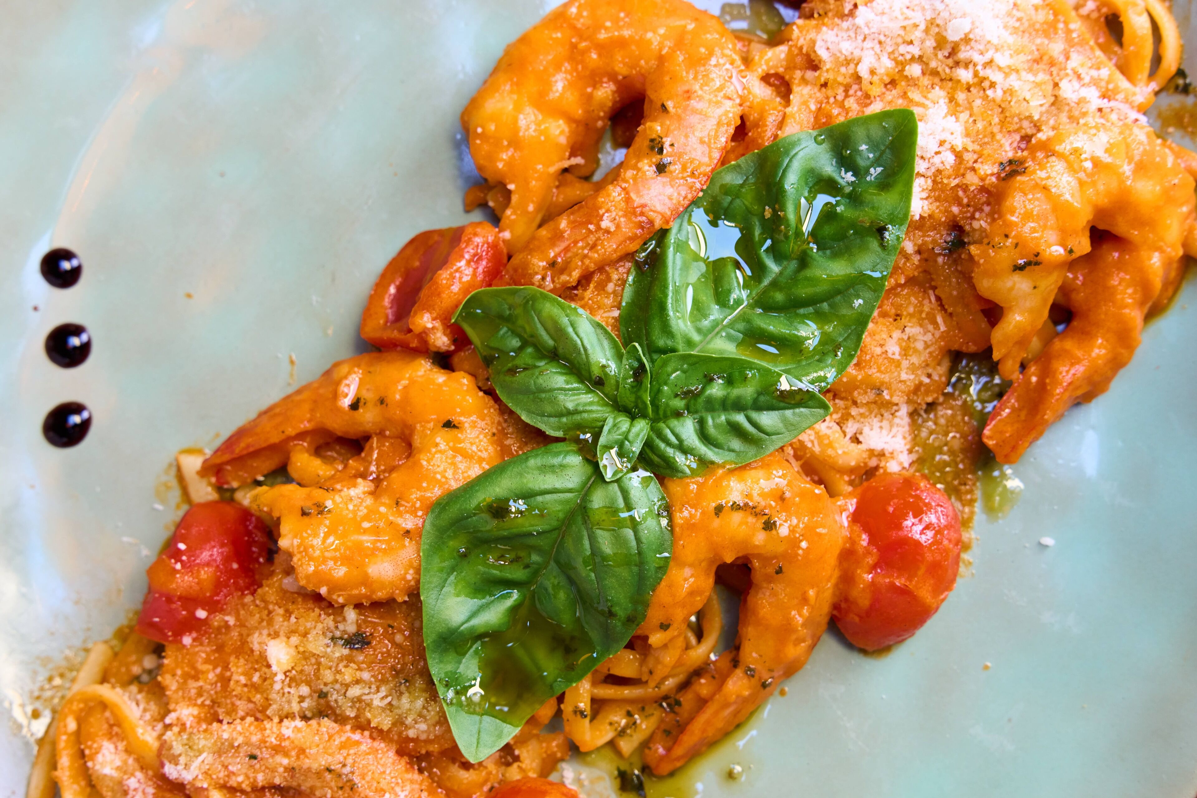 A plate of pasta with tomato sauce, garnished with basil and grated cheese.