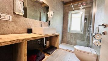 Hair dryer, bidet, towels, soap