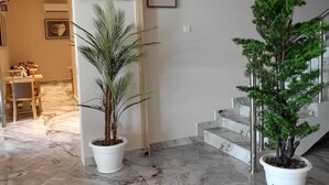 Tilava huone, jossa on marmorilattia, portaikko ja kaksi ruukussa olevaa kasvia.